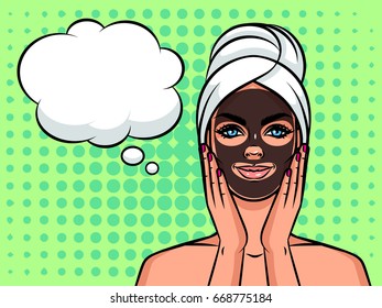 Young beautiful woman European type with towel on her head. Girl care her face and skin, using mask. Relaxing girl face in spa. 