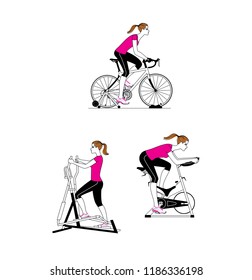 Young beautiful woman exercising in gym at elliptical, cycling, bicycle trainers. Vector illustration.