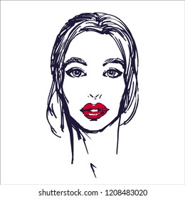 Young beautiful woman face fashion portrait. Elegant model girl line art hand drawn vector illustration for coloring book page.