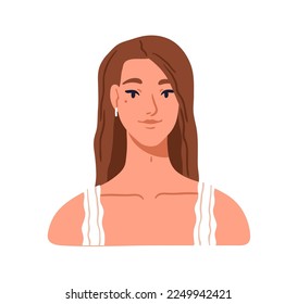 Young beautiful woman, face head portrait. Attractive pretty stunning girl smiling. Modern graceful elegant charming female character, beauty. Flat vector illustration isolated on white background