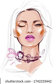 Young beautiful woman face makeup vector drawing fashion illustration. Beauty background.