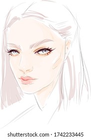 Young beautiful woman face makeup vector drawing fashion illustration. Beauty background.