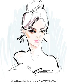 Young beautiful woman face makeup vector drawing fashion illustration. Beauty background.