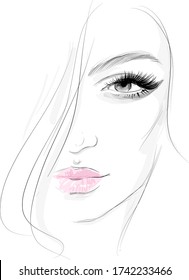 Young beautiful woman face makeup black and white vector drawing fashion illustration. Beauty background.