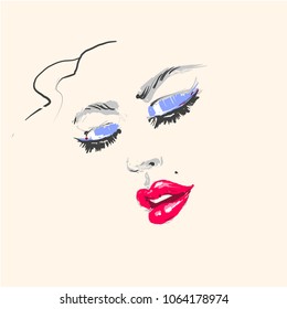 Young beautiful woman fashion portrait face with red lipstick and blue eyeshadow hand drawn illustration