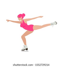 Young beautiful woman figure skating. Happy ice skating time. Winter sport. Pink. White background. Vector.