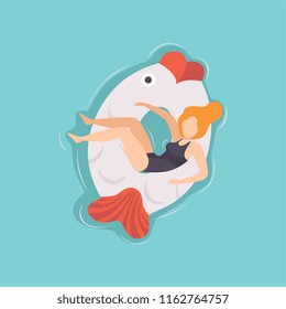 Young beautiful woman floating on inflatable ring in the shape of fish in swimming pool, top view vector Illustration
