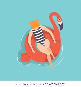 Young beautiful woman floating on inflatable ring in the shape of flamingo in swimming pool, top view vector Illustration