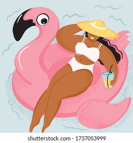 Young beautiful woman floating on inflatable ring in the shape of flamingo in swimming pool, top view vector Illustration.