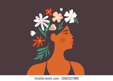 Young beautiful woman with flower hair. Female mental health, blooming brain, positive mind. Girl with head floral wreath. Nature beauty. Self care, love, wellbeing. Women day art vector illustration