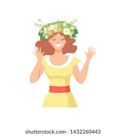 Young Beautiful Woman with Flower Wreath in Her Hair, Portrait of Happy Smiling Girl with Floral Wreath Vector Illustration