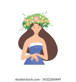 Young Beautiful Woman with Flower Wreath in Her Hair, Portrait of Elegant Brunette Girl with Floral Wreath Vector Illustration