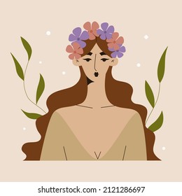 Young beautiful woman with a flower wreath on her head. Women's mental health, blooming brain, positive mind and spring. Girl The beauty of nature. Women's day vector illustration.