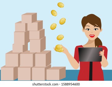Young beautiful woman get gold coins from customer via smart tablet with lots of cartons for delivery.Isolated in light background.Vector Illustration.Idea for online shopping and e-commerce business.