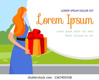 Young Beautiful Woman with Ginger Hair Wearing Blue Dress Hold Big Gift Box in Hands on Nature Background. Female Faceless Character Giving Present. Cartoon Flat Vector Illustration. Horizontal Banner