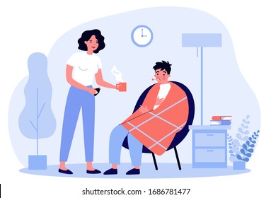 Young Beautiful Woman Giving Medicine To Sick Man In Plaid Flat Vector Illustration. Cartoon Person Sitting In Armchair, Having Flu And Getting Cold. Healthcare And Sickness Concept.