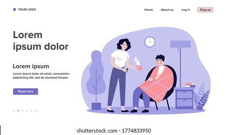 Young beautiful woman giving medicine to sick man in plaid blanket flat vector illustration. Cartoon person sitting in armchair, having flu and getting cold. Healthcare and sickness concept.