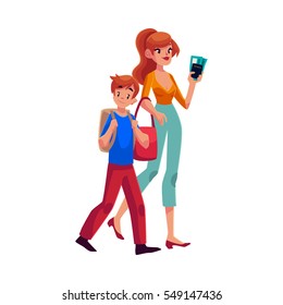 Young beautiful woman going on vacation with her son, holding boarding passes and passport, cartoon illustration isolated on white background. Full length portrait of young mother and son in airport
