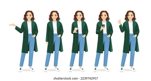 Young beautiful woman in green coat. Winter or autumn clothes isolated vector illustration
