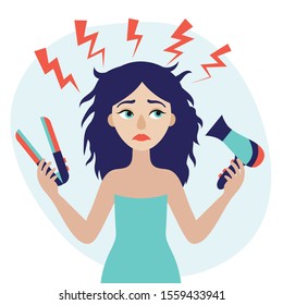 Young beautiful woman with hair dryer and styler in her hand. Hair problem. Damage. Flat vector illustration