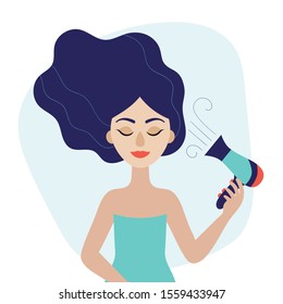 Young beautiful woman with hair dryer in her hand. Flat vector illustration