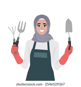 Young beautiful woman has garden tools in her hand. Flat Vector character illustration