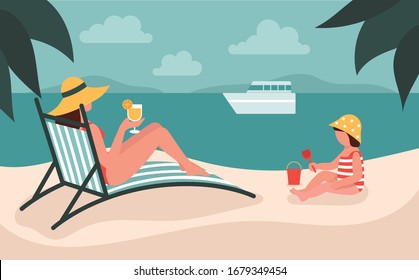 Young beautiful woman in a hat lies on a deck chair and drinks orange juice. Vacation with children.Mother and daughter.Flat vector illustration.