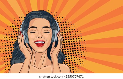 Mujer hermosa joven con los auriculares en estilo del arte pop. Sobre un fondo coloreado. Estilo cómico de Vector de arte Pop