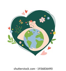 Young Beautiful Woman Hold Planet Globe. Save Healthy Green Nature, Energy, Ecology Support. Earth Day International Holiday. Vector cartoon flat illustration.