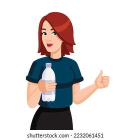 Young beautiful woman holding bottle of water. Female sporty character with water bottle showing thumbs up. Drink more water concept. Flat vector illustration.