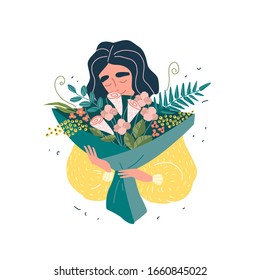 Young beautiful woman holding a bouquet of flowers. Card with vector illustration.