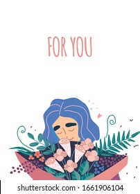 Young beautiful woman holding a bouquet of flowers. Card with vector illustration.