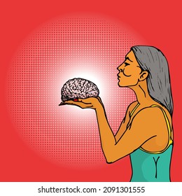 A young beautiful woman holding a brain on her palm for the concept of giving a piece of her mind. Hand drawn vector illustration.