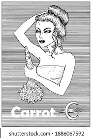 Young beautiful woman holding carrot vegetable over striped background. Hand drawn black and white vector illustration, engraved and vertical, healthy eating, vegan and vegetarian concept. 