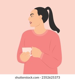 young beautiful woman holding cup with a hot warming drink on a cold day; coffee break concept -vector illustration