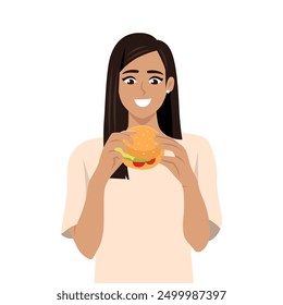 Young beautiful woman holding eating biting tasty burger. Flat vector illustration isolated on white background