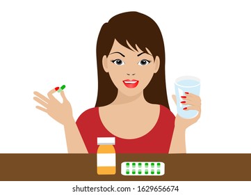 Young beautiful woman holding glass of water and taking medicine pills. Vector Illustration. Isolated on white background. Idea for medical, healthcare and pharmaceutical concept.