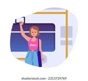 Joven hermosa mujer sosteniendo un pomo en un tren subterráneo, metro, bus. Ilustración vectorial aislada sobre fondo blanco en estilo de diseño plano