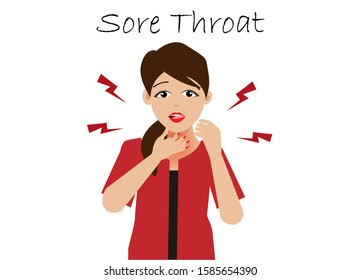 Young beautiful woman holding her neck, suffering from sore throat. Isolated on white background. Idea for Illness and disease symptoms or  medical healthcare concept