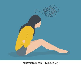 Young Beautiful Woman Holding Hurting Belly Suffering From Cramp And Period Pain Sitting On The Floor In Painful Expression Female Menstruation Illustration