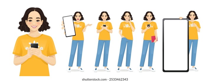 Jovem mulher bonita segurando o telefone celular, falando, mensagens de texto, olhando e mostrando tela vazia ilustração vetor isolado