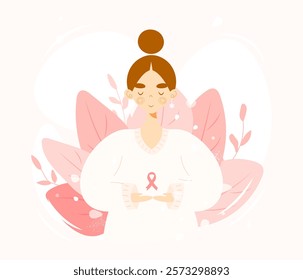 Young beautiful woman holding pink ribbon. Breast cancer awareness month concept. Vector character in flat cartoon style. Female healthcare. Disease prevention campaign