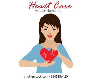 Young beautiful woman holding red heart with ECG-EKG beat pulse line signal at her chest. Isolated on white background. Vector Illustration. Idea for heart care, medical healthcare concept.