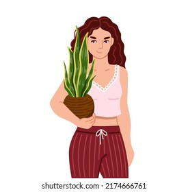 Young beautiful woman holding sansevieria houseplant in pot. Concept of growing and caring house plants. Flat cartoon colorful vector illustration.