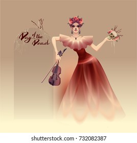 Young beautiful woman holding skull and violin. Mexican Holiday Dia de Muertos day of the dead. Vector illustration card