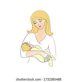 Young beautiful woman holds a baby.Breastfeeding,motherhood, childhood concept.New mom and a newborn baby.A mother loves, cares, hugs her child.Stock vector illustration isolated on white background. 