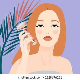 A young beautiful woman holds roller for facial massage. Facial care at home. Protection of the skin from the external environment in winter and summer. Lifting massage. Anti-age massage