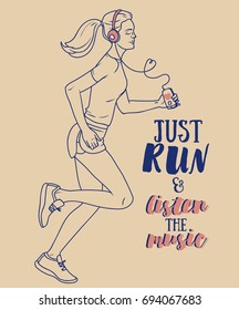 young and beautiful woman jogging and listen music, motivation poster for healthy lifestyle, vector illustration