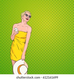 Young Beautiful Woman Laughing Over Pop Art Colorful Retro Style Background Vector Illustration