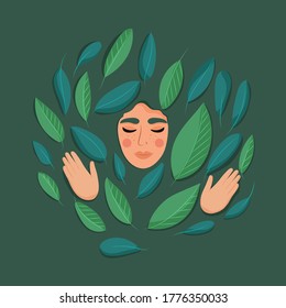 Young beautiful woman in the leaves. Mother Nature. Vector illustration.